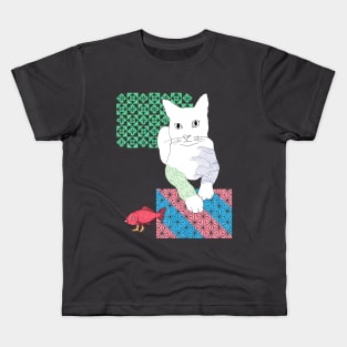 Cat with a walking fish Kids T-Shirt